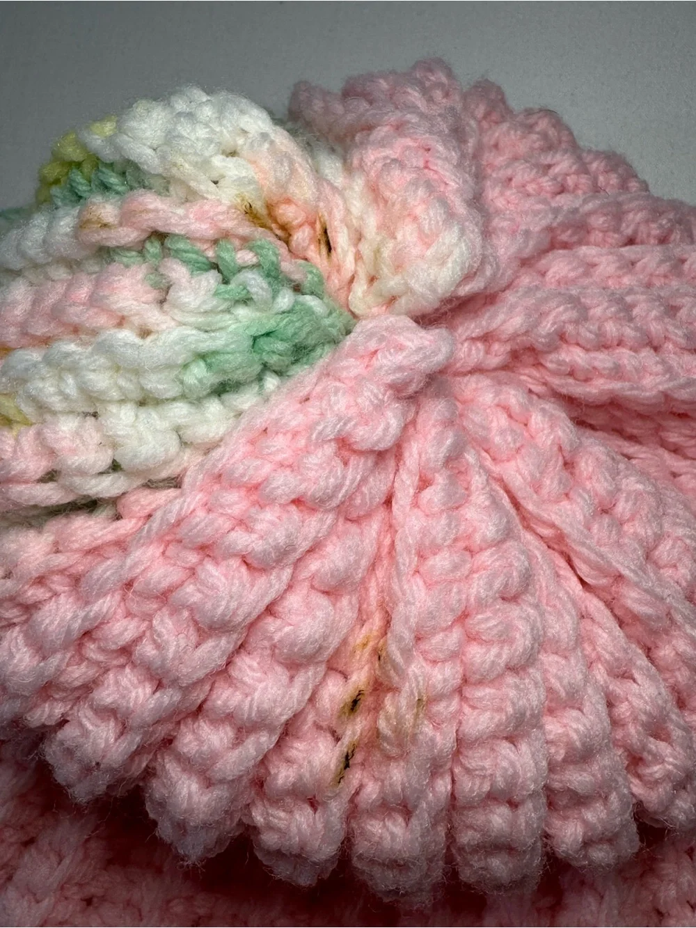 Handmade Lot of 2 Crocheted Pastel Beanie Hats Pink Green Yellow White
